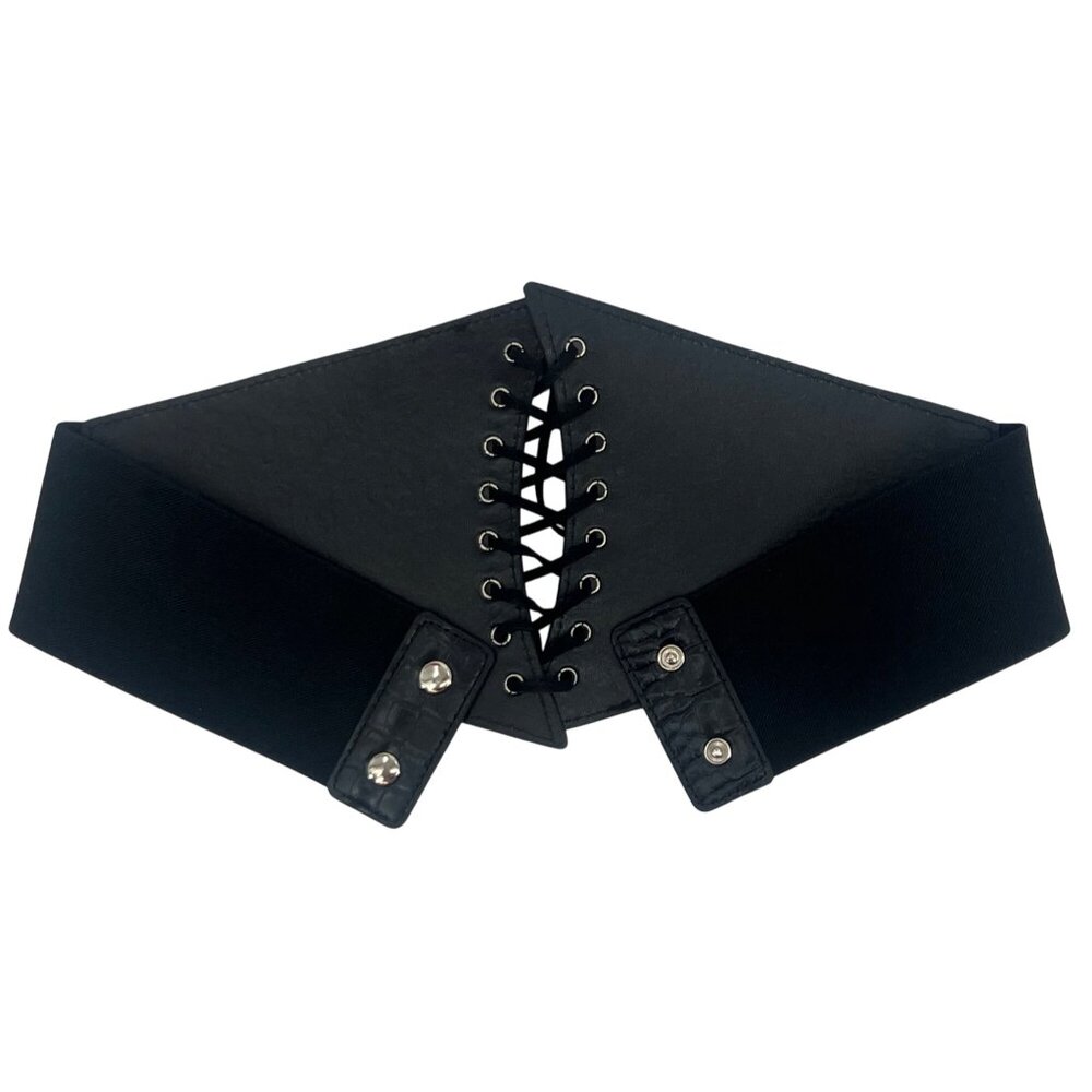 Black Faux Leather Corset Lace-Up Front Snap Closure Croc-Embossed Wide Belt - Picture 7 of 14
